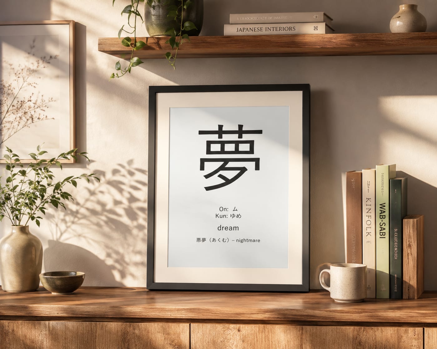 kanjiframe standing on a wooden sideboard in morning light, showing the kanji 夢 (dream) with its readings and meaning.