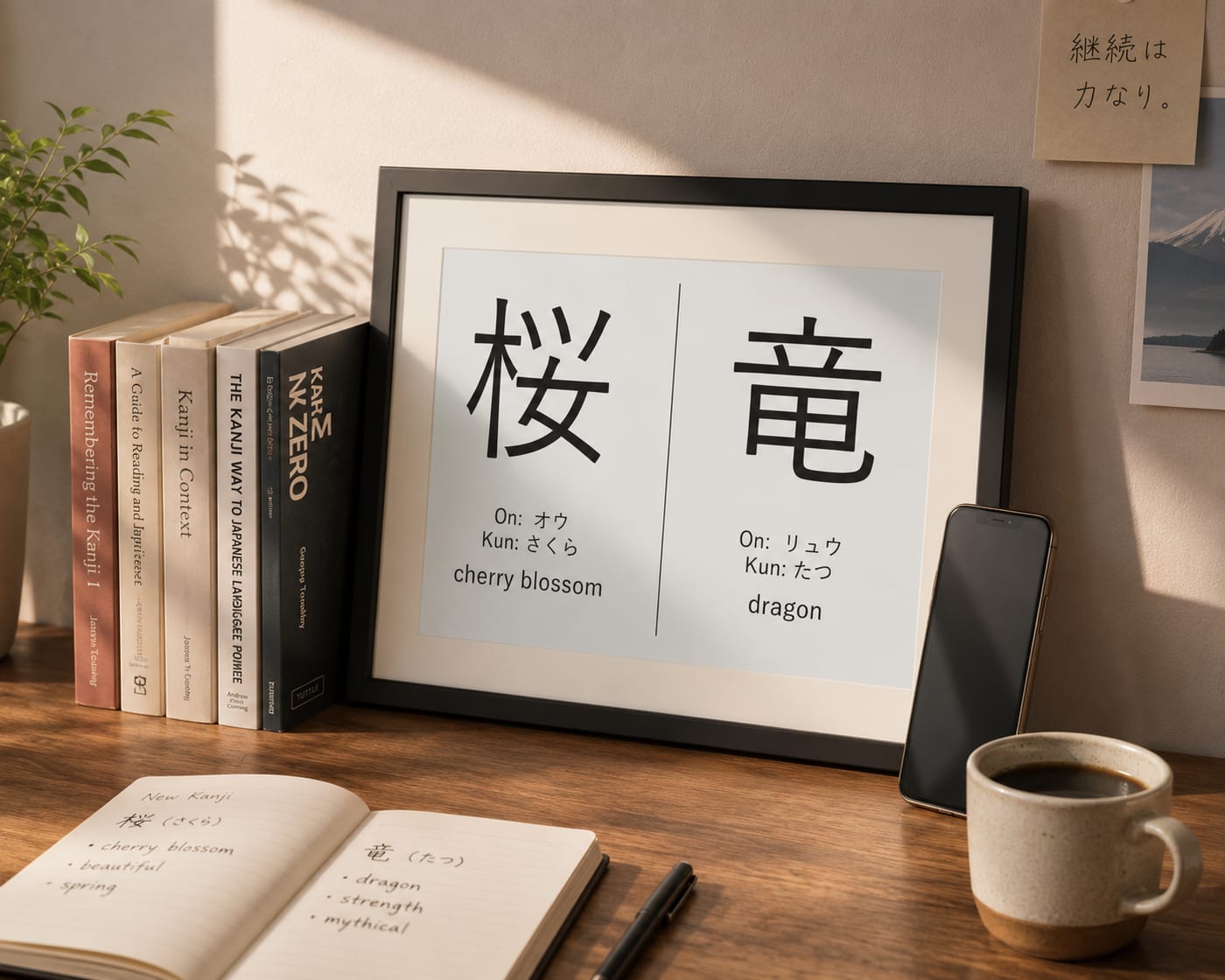 kanjiframe in landscape on a desk beside study books, a notebook and a coffee cup, showing two kanji 桜 (cherry blossom) and 竜 (dragon).