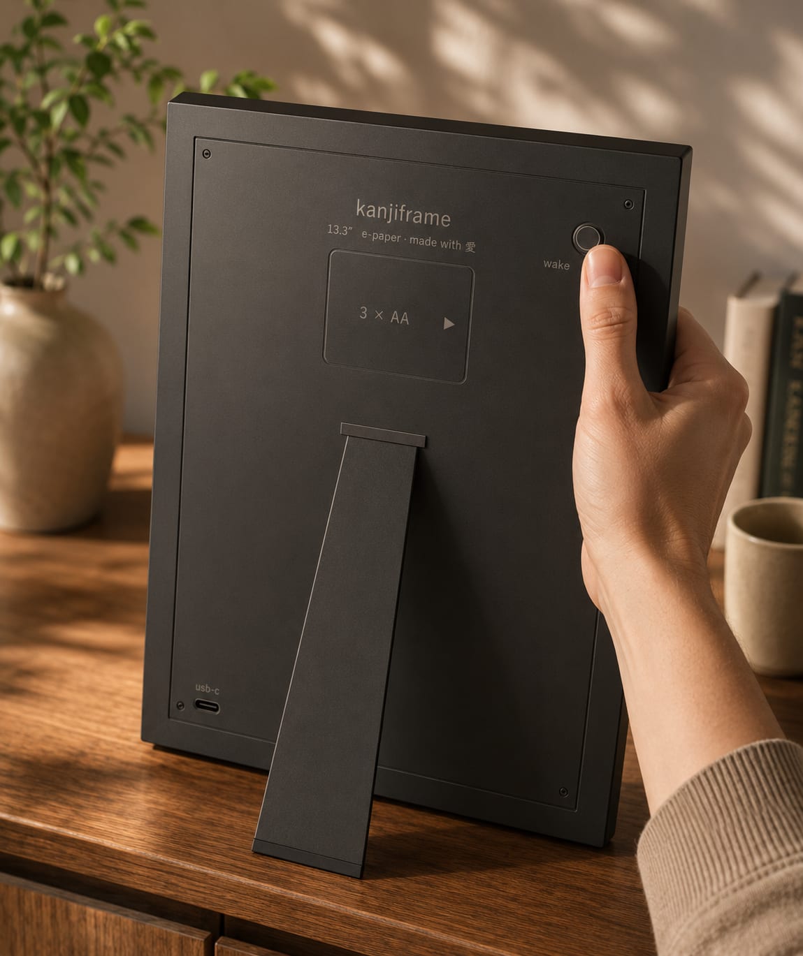The back of the kanjiframe held in one hand: fold-out kickstand, USB-C port, 3 × AA battery compartment and the wake button.